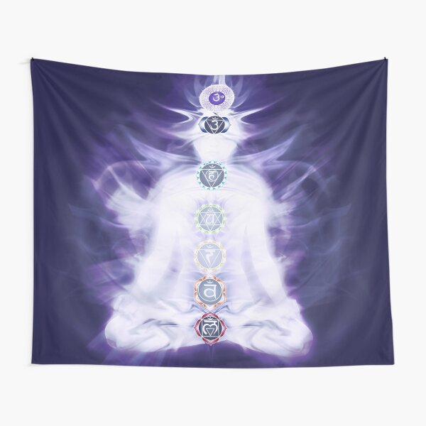 Woman In Yoga Meditation Pose With Colored Chakra Symbols Qi Energy Flow Around Her Body Art