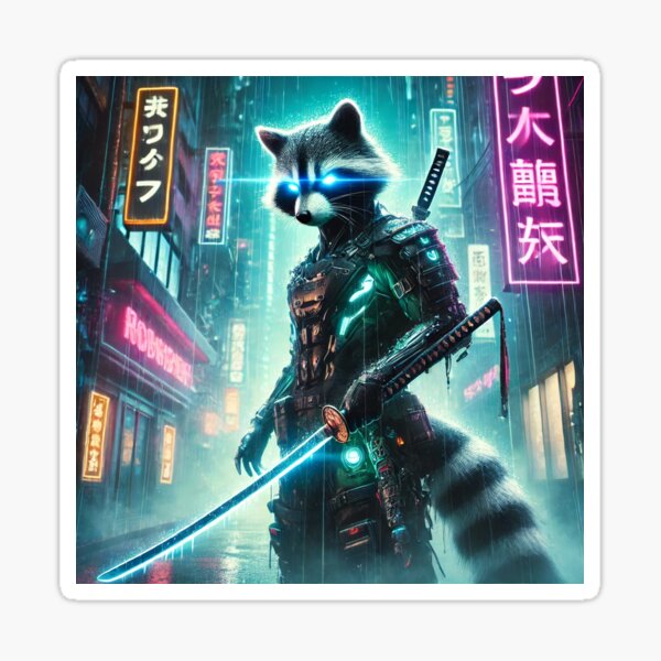 Artikel-Vorschau von „Cyberpunk-Samurai-Waschbär im Neonregen“, designt und verkauft von FutureBeastsAI.
