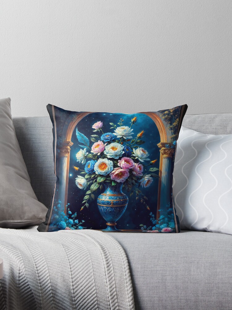 Glorious Floral Bouquet In A Majestic Blue Vase Under A Moonlit Sky AI Concept Art by Xzendor7 4 Glorious Floral Bouquet In A Majestic Blue Vase Under A Moonlit Sky Enchanting AI Concept Art by Xzendor7 Decorative Art Print Throw Pillow