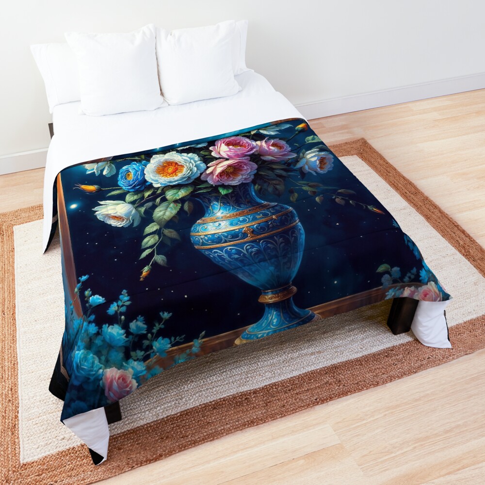 Glorious Floral Bouquet In A Majestic Blue Vase Under A Moonlit Sky AI Concept Art by Xzendor7 3 Glorious Floral Bouquet In A Majestic Blue Vase Under A Moonlit Sky Enchanting AI Concept Art by Xzendor7 Decorative Art Print Comforter