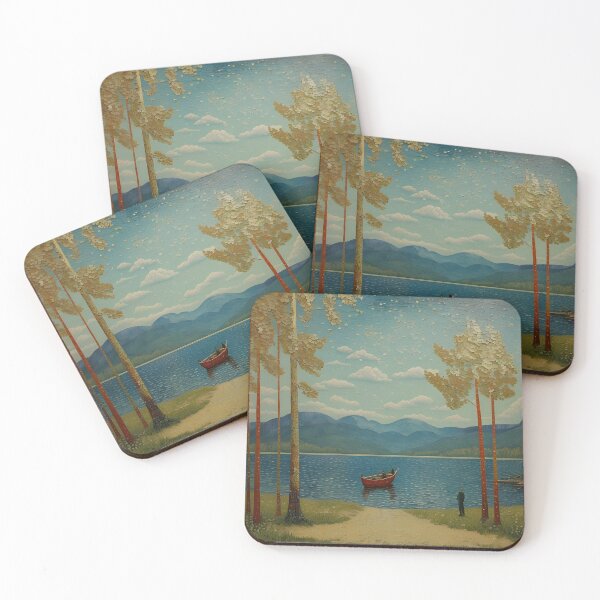 Item preview, Serene lake view with a small boat and towering trees under a starry sky in a tranquil landscape designed and sold by VintageVibesVV.