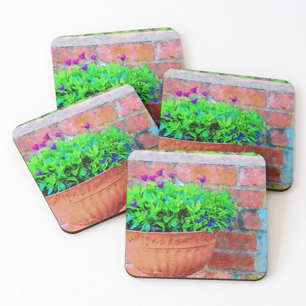 Item preview, Colorful potted flowers against a rustic brick wall in watercolor designed and sold by GestaltImagery.