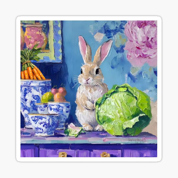 Vista previa del artículo con la obra «Conejito en una cocina china de estilo preppy», diseñado y vendido por SophieClimaArt.