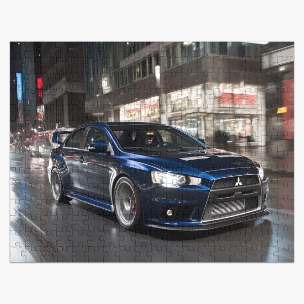 Vista previa del artículo con la obra «Póster azul del Mitsubishi Lancer Evo X: arte mural de alto rendimiento JDM III», diseñado y vendido por AutoPopStudio.