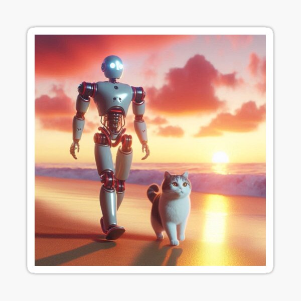 Item preview, Robot and cute cat strolling on the beach designed and sold by Dogandesighn.
