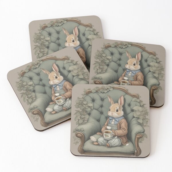 Item preview, Cute little bunny Rabbit Enjoying his quiet tea time illustration designed and sold by Vintage Designs +.