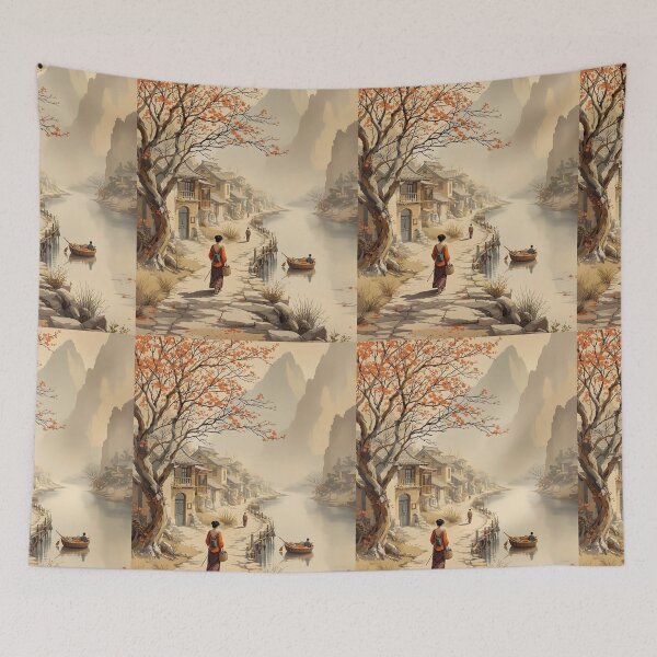 Item preview,  Rural China, small town, woman walking, fisherman, Beautiful Asian landscape  designed and sold by Coolparrotgirl.