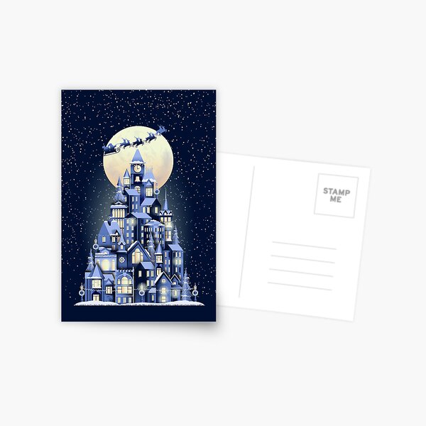 Item preview, Christmas Village with Full Moon and Santa and Reindeer flying in sky designed and sold by Jdawnink.