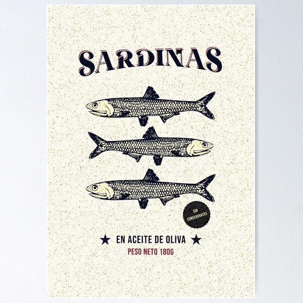 Artikel-Vorschau von Vintage Sardinen Etiketten Kunst – Retro Fisch Illustration Druck, designt und verkauft von TnMrkl.