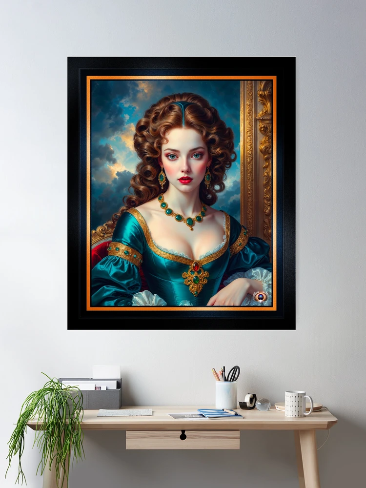 The Timeless Elegant Portrait Of Lady Stalus, Adorned In An Emerald Gown Enchanting AI Concept Art by Xzendor7 Room Decor Poster Art Print
