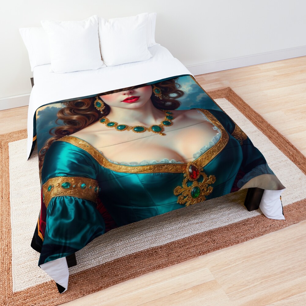 The Timeless Elegant Portrait Of Lady Stalus, Adorned In An Emerald Gown Enchanting AI Concept Art by Xzendor7 Decorative Art Print Comforter