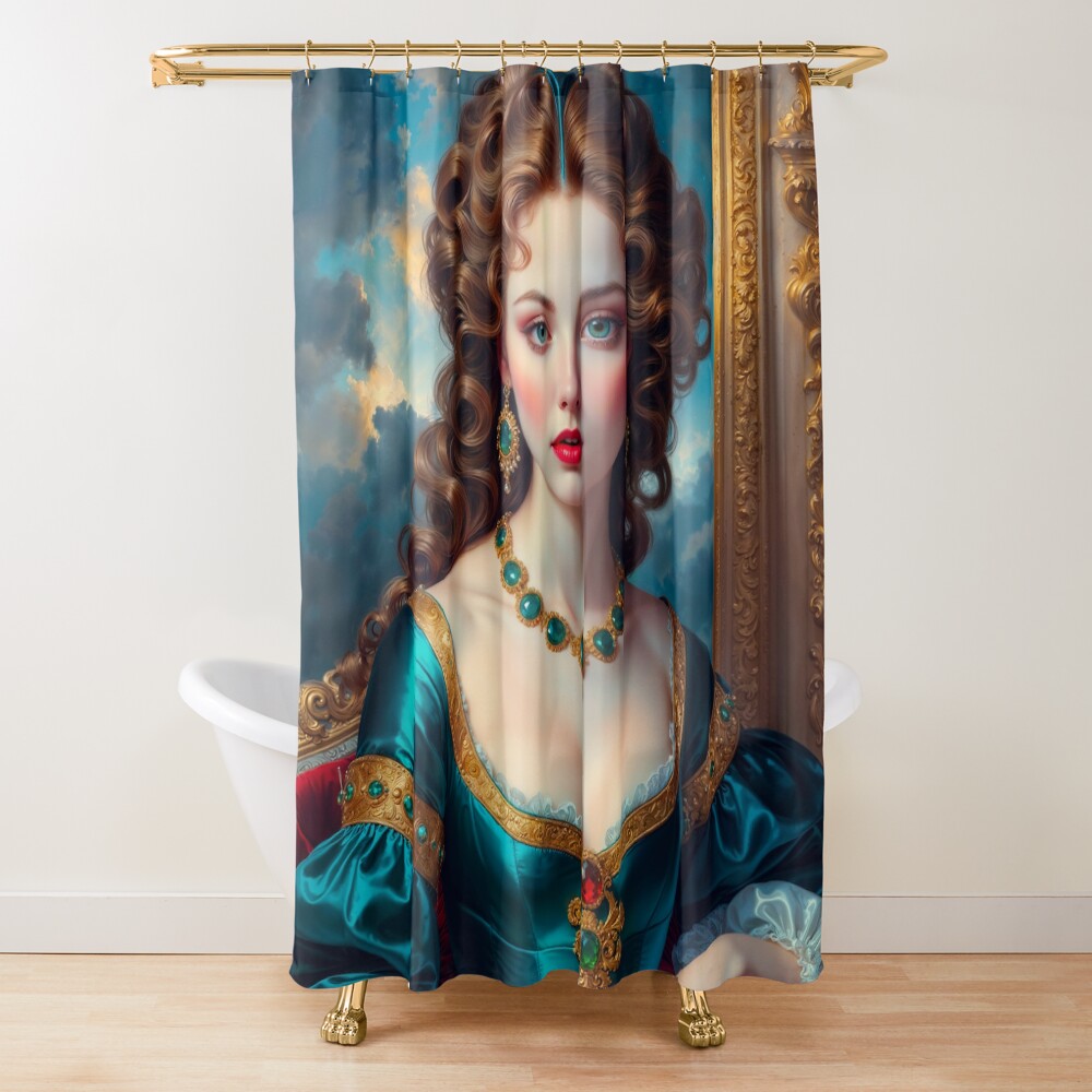 The Timeless Elegant Portrait Of Lady Stalus, Adorned In An Emerald Gown Enchanting AI Concept Art by Xzendor7 Decorative Art Print Shower Curtain
