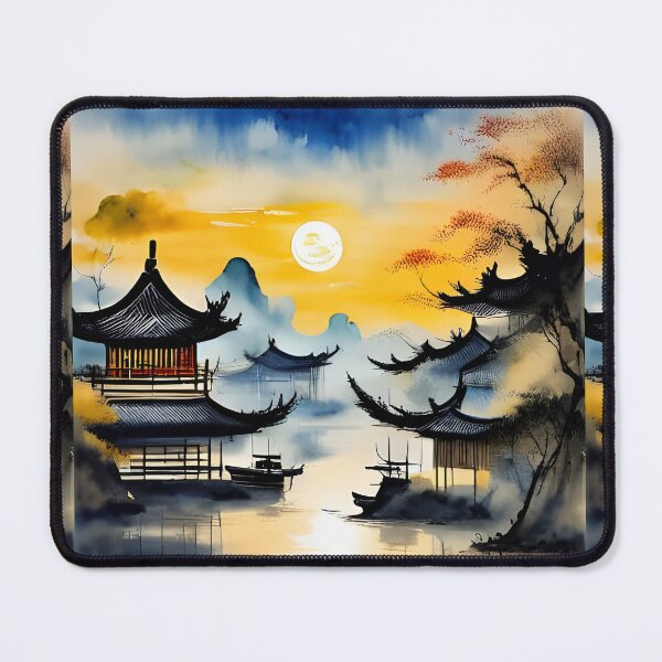 Item preview, Chinese river, pagoda, fantasy landscape, Asian scene designed and sold by Coolparrotgirl.