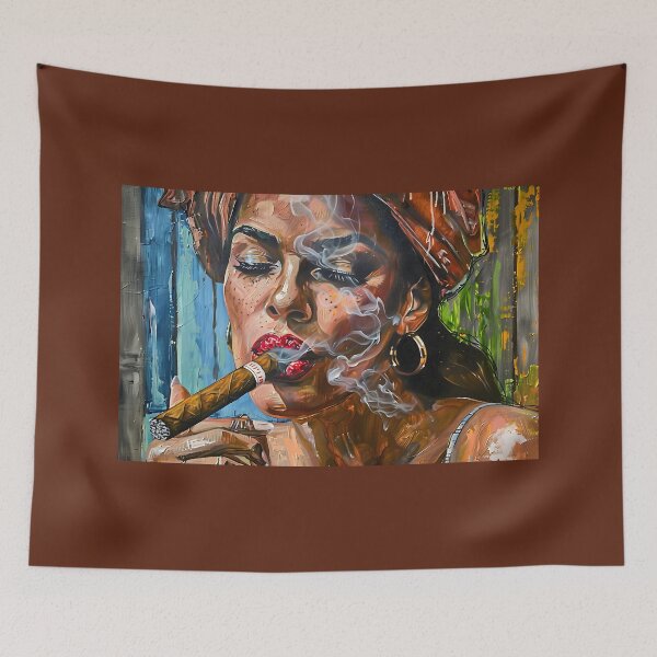 Item preview, Smoky Serenity - Woman with Red Lips and Headscarf Blowing Smoke Against Abstract Colorful Backdrop designed and sold by OlfactoART Studio.
