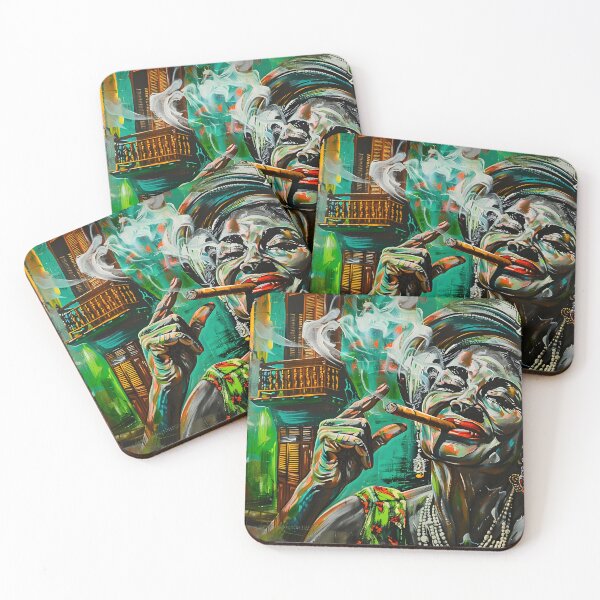 Item preview, Confident Smoke - Woman Joyfully Smoking Cigar with Bold Colors and Dynamic Urban Backdrop designed and sold by OlfactoART Studio.