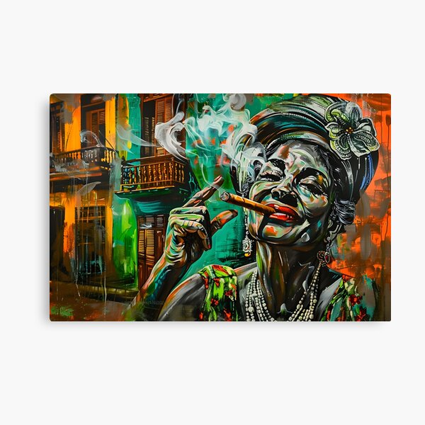 Vista previa del artículo con la obra «Humo seguro: mujer fumando alegremente un cigarro con colores llamativos y un fondo urbano dinámico», diseñado y vendido por OlfactoART Studio.