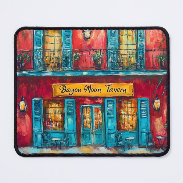 Artikelvorschau, Das Nachtleben von New Orleans erwartet Sie - Eine farbenfrohe Bayou Moon Tavern voller Wärme und Feierlichkeiten. Abstrakte digitale KI-Kunst entworfen und verkauft von OlfactoART Studio.