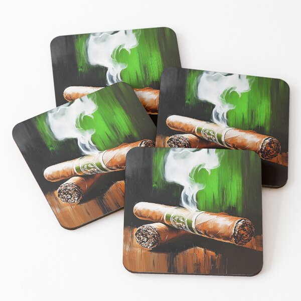 Item preview, Dual Smoke - Two Cigars Resting with Swirling White Smoke and Bold Green Strokes designed and sold by OlfactoART Studio.