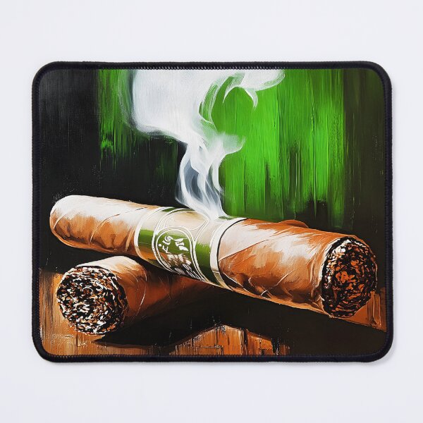Item preview, Dual Smoke - Two Cigars Resting with Swirling White Smoke and Bold Green Strokes designed and sold by OlfactoART Studio.