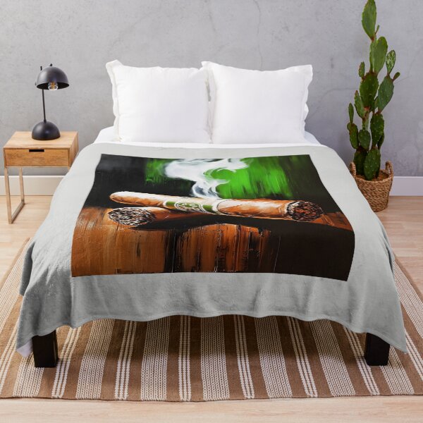 Item preview, Dual Smoke - Two Cigars Resting with Swirling White Smoke and Bold Green Strokes designed and sold by OlfactoART Studio.