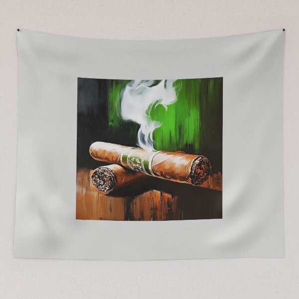 Item preview, Dual Smoke - Two Cigars Resting with Swirling White Smoke and Bold Green Strokes designed and sold by OlfactoART Studio.