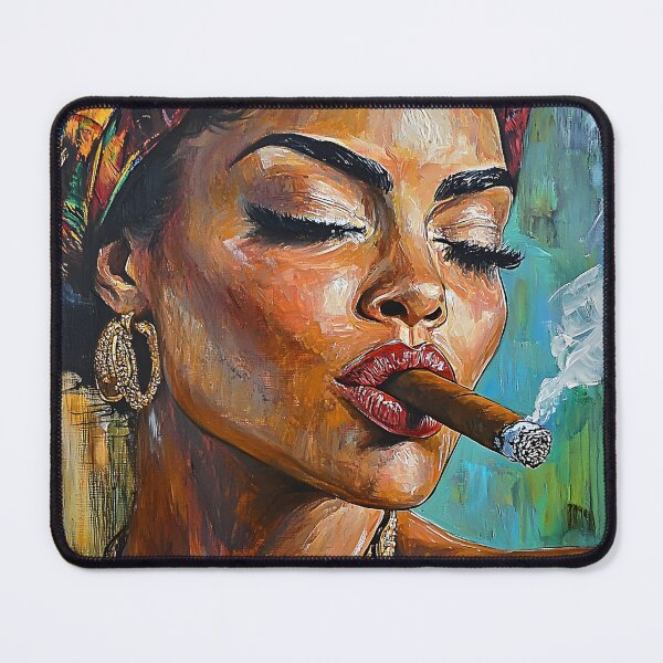 Item preview, Confident Indulgence - Woman with Eyes Closed Smoking a Cigar in Gold Jewelry and Colorful Headwrap designed and sold by OlfactoART Studio.