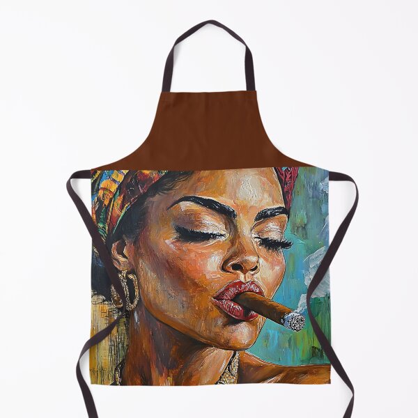Item preview, Confident Indulgence - Woman with Eyes Closed Smoking a Cigar in Gold Jewelry and Colorful Headwrap designed and sold by OlfactoART Studio.