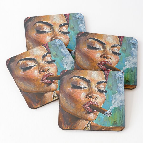 Item preview, Confident Indulgence - Woman with Eyes Closed Smoking a Cigar in Gold Jewelry and Colorful Headwrap designed and sold by OlfactoART Studio.