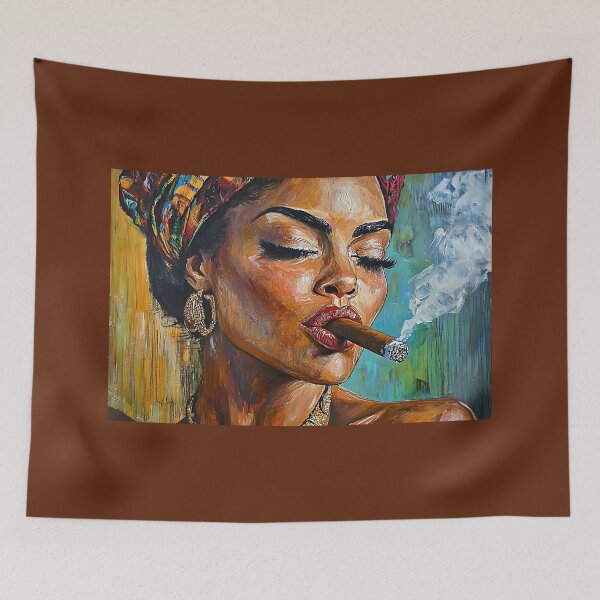 Item preview, Confident Indulgence - Woman with Eyes Closed Smoking a Cigar in Gold Jewelry and Colorful Headwrap designed and sold by OlfactoART Studio.