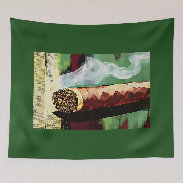Artikelvorschau, Cigar Elegance - Große, detaillierte Zigarre mit wirbelndem Rauch und faszinierendem roten und grünen Hintergrund entworfen und verkauft von OlfactoART Studio.
