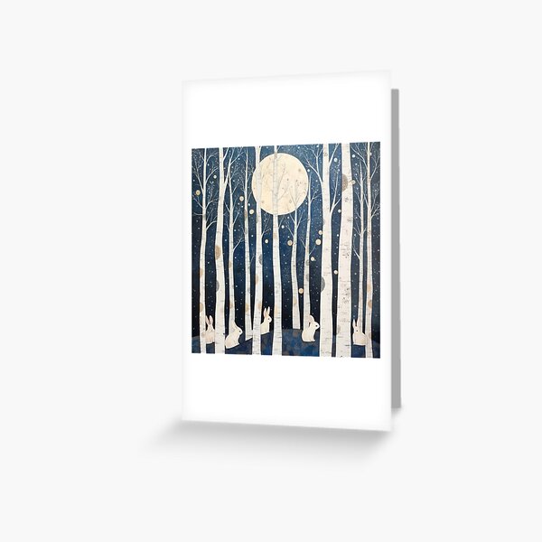 Waiting for Easter: Bunnies in a Birch Forest at Night Greeting Card