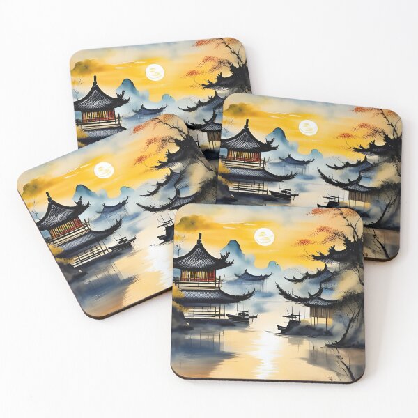 Item preview, Chinese river, pagoda, fantasy landscape, Asian scene designed and sold by Coolparrotgirl.