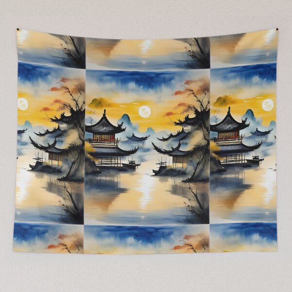 Item preview, Chinese river, pagoda, fantasy landscape, Asian scene designed and sold by Coolparrotgirl.