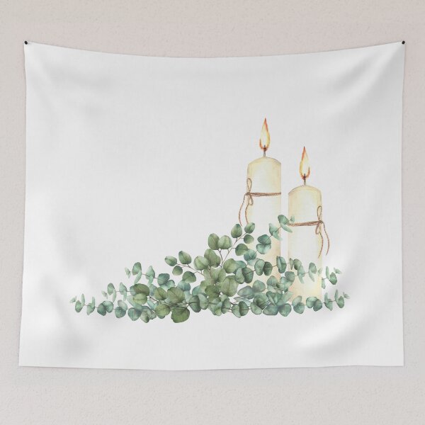 Item preview, Burning tow white church candle and green eucalyptus branch. Watercolor painting designed and sold by BartolArt.