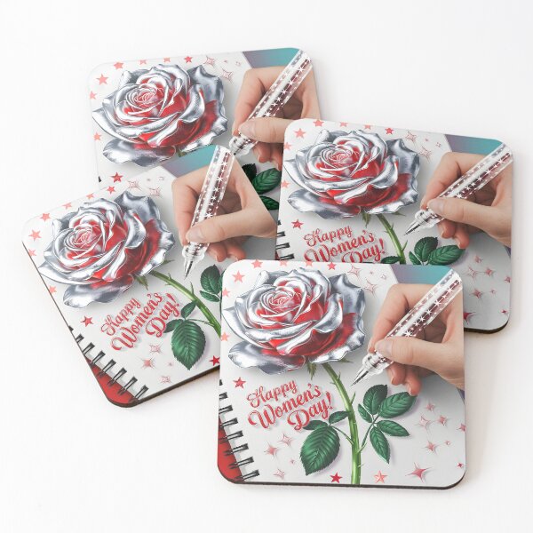 Item preview, Happy Womens Day journal page with a delicate red-silver rose while a hand drawing it with a glowing pen designed and sold by EmeraldeaArt.