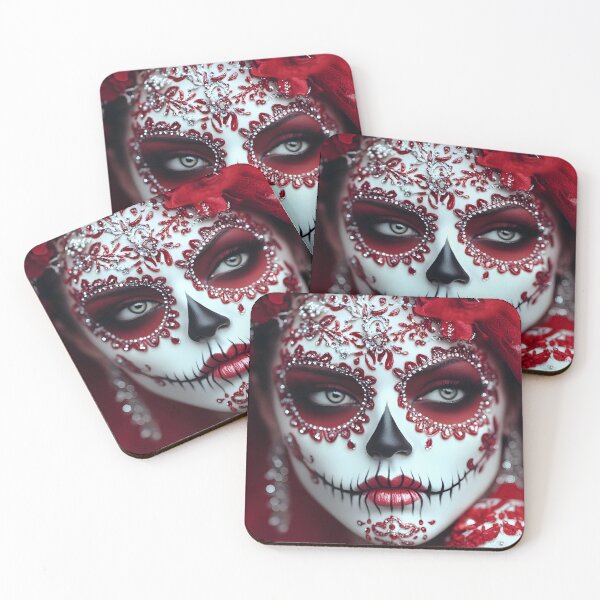 Item preview, Vibrant Day of the Dead-inspired face art in red. designed and sold by Artessie.