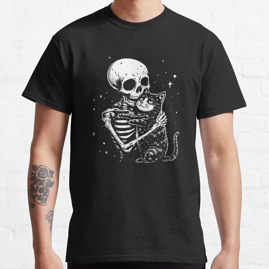 Modern Trendy Funny Skeleton Holding Cat Skeleton Cute Cat In Space Classic T-Shirt
