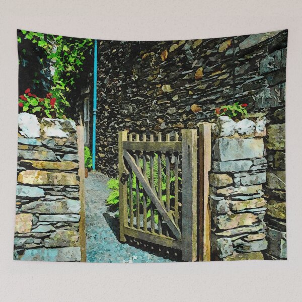 Item preview, Charming garden entrance with stone walls in watercolor style designed and sold by GestaltImagery.