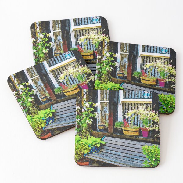 Item preview, Charming watercolor of a rustic garden bench and potted plants designed and sold by GestaltImagery.