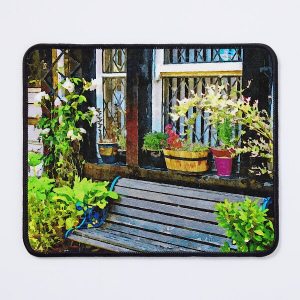 Item preview, Charming watercolor of a rustic garden bench and potted plants designed and sold by GestaltImagery.