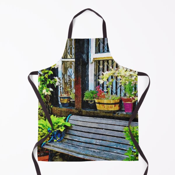 Item preview, Charming watercolor of a rustic garden bench and potted plants designed and sold by GestaltImagery.