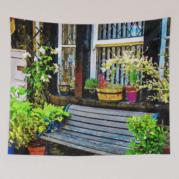 Item preview, Charming watercolor of a rustic garden bench and potted plants designed and sold by GestaltImagery.