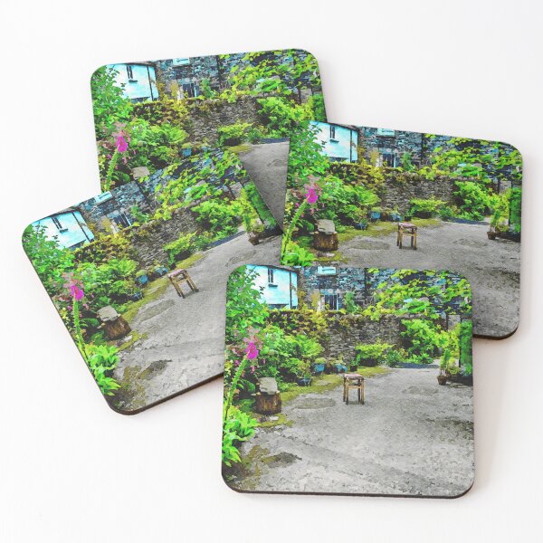 Item preview, Charming rustic courtyard with lush greenery in watercolor designed and sold by GestaltImagery.