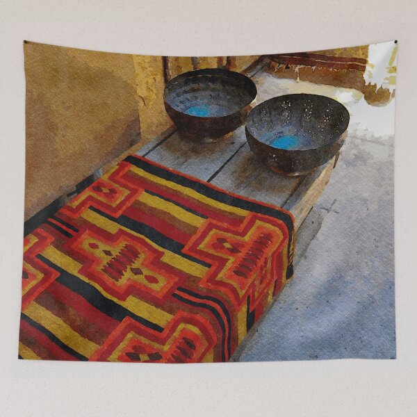 Item preview, Colorful Native American textile and bowls in a rustic New Mexico setting designed and sold by GestaltImagery.