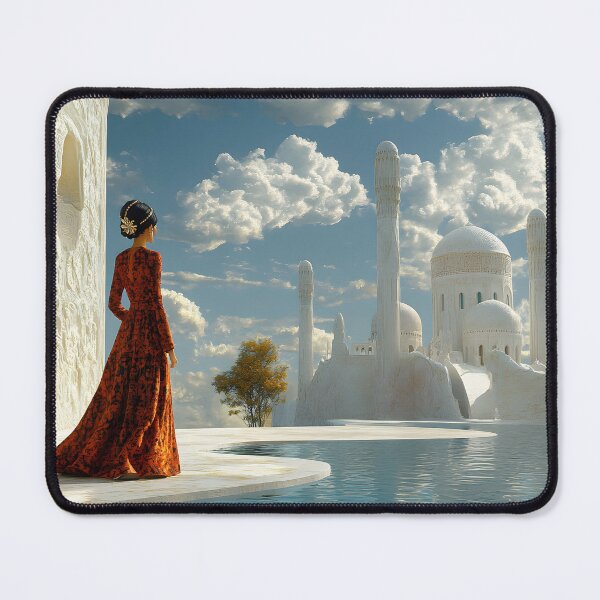 Item preview, Elegant woman gazes at serene water and palace scene. designed and sold by Artessie.
