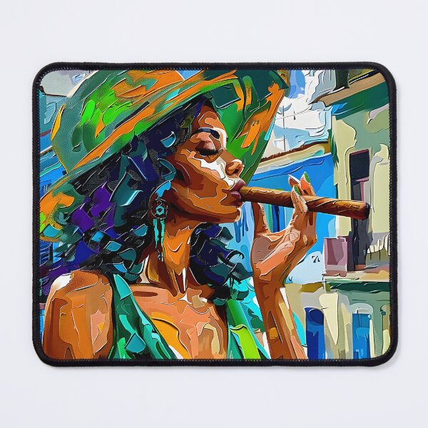 Item preview, Havana Elegance - Woman in Large Hat Enjoying a Cigar Against Vivid Blue-Toned Cityscape designed and sold by OlfactoART Studio.