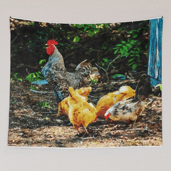 Item preview, Watercolor depiction of chickens and rooster in natural setting designed and sold by GestaltImagery.
