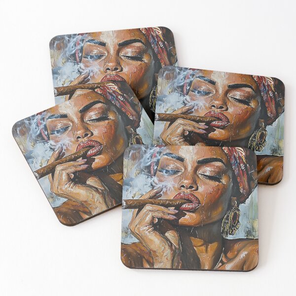Item preview, Confident Indulgence - Woman Smoking a Cigar with Vibrant Headscarf and Bold Makeup designed and sold by OlfactoART Studio.