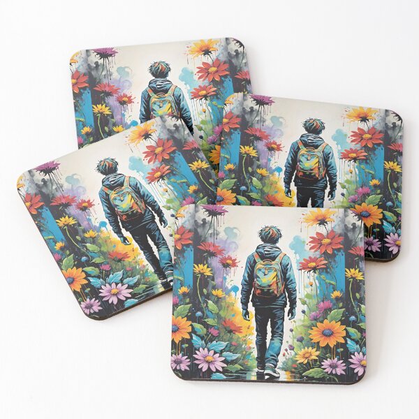 Item preview, Young Man In Jeans And Sneakers With Backpack Walking Through Tall Wildflowers designed and sold by CarrollGene.