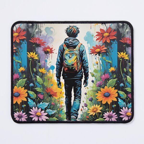 Item preview, Young Man In Jeans And Sneakers With Backpack Walking Through Tall Wildflowers designed and sold by CarrollGene.